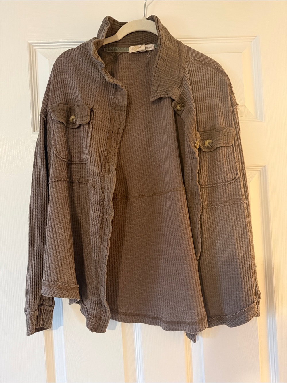 Rewind Ribbed Button-Front Shacket in Brown